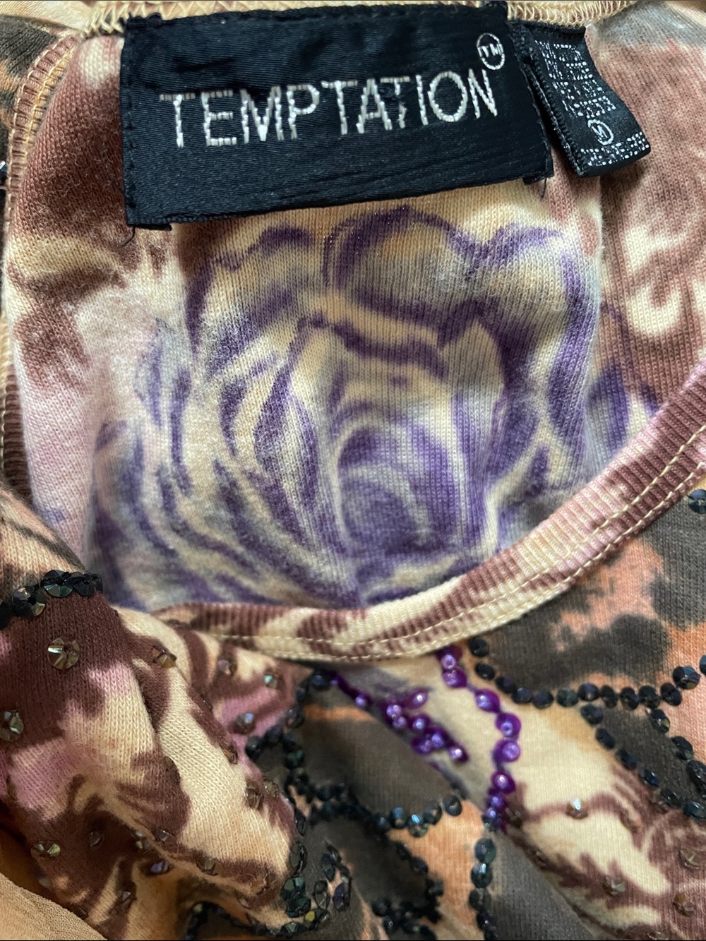 Temptation 90’s Y2K Floral Leopard Sequin Bell Sleeve Top Size M - Picture 3 of 4